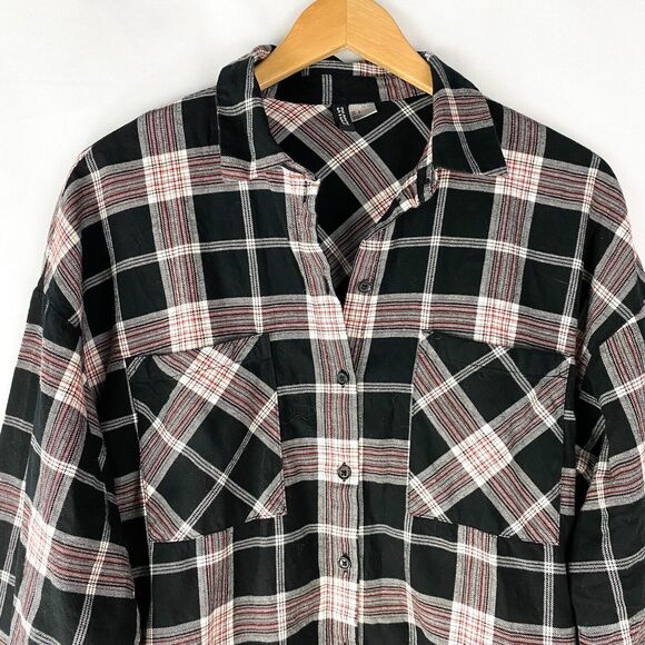 H&M Divided Boyfriend Shirt Women S Black Plaid Cowgirl Button Up Oversized NEW - Picture 6 of 6